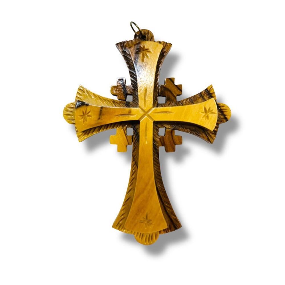 Carved Wooden Cross Ornament 4.25" Dimensional